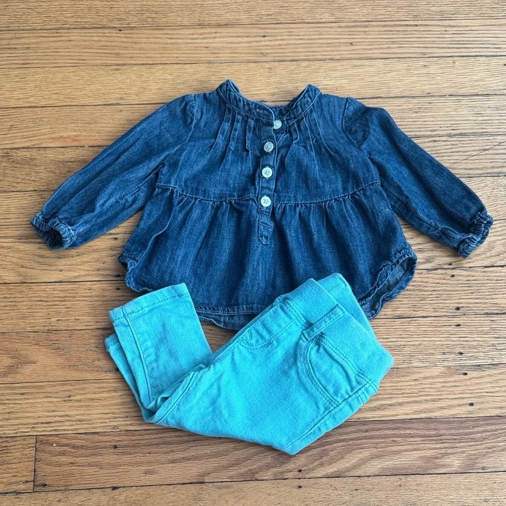 GAP Baby Denim Blue Top and Aqua Pants Size 3-6 months